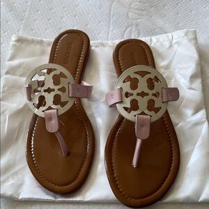 Tory Burch Pink Leather Logo Thong Sandals with Brown Footbed